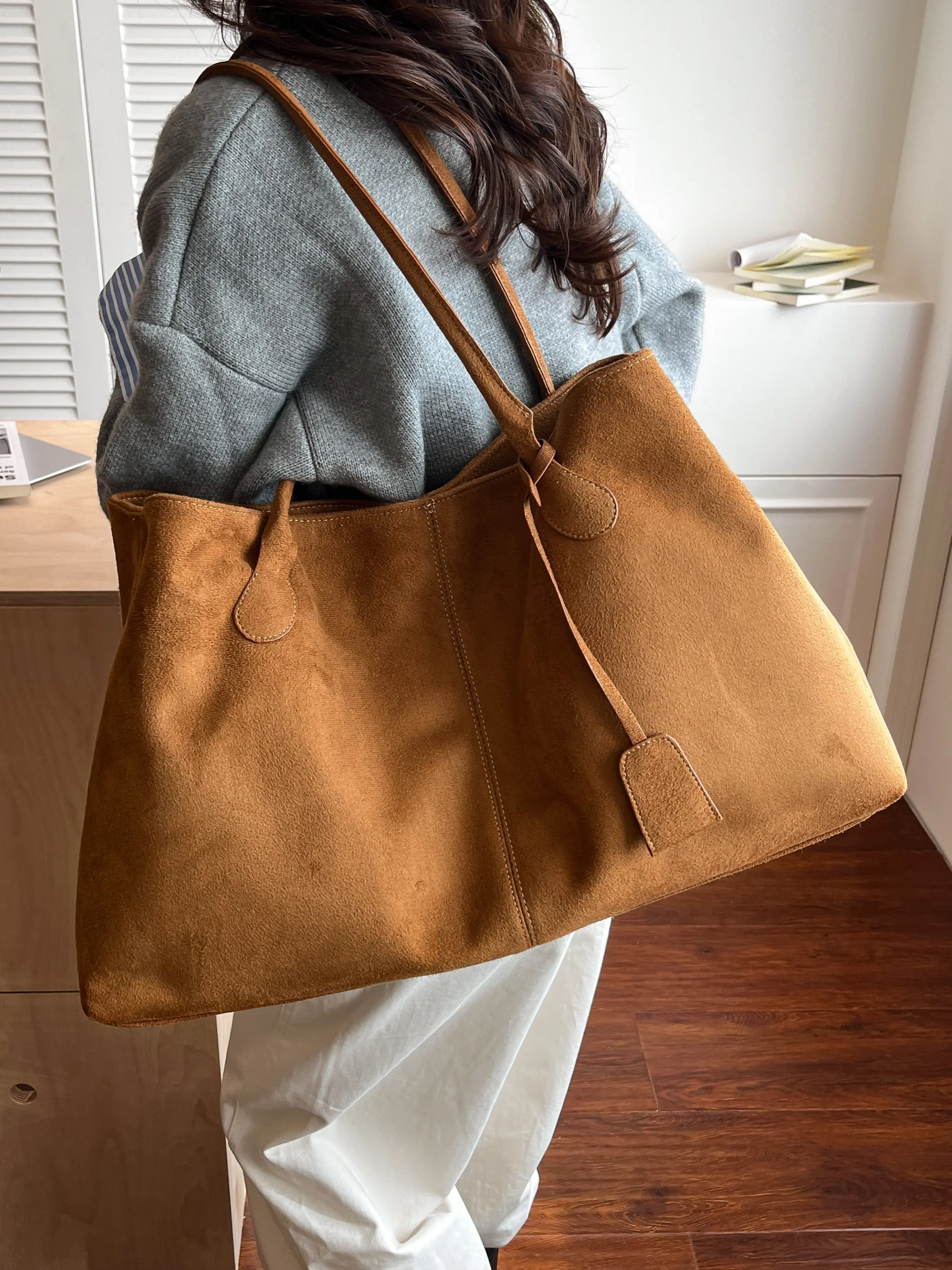 Large Capacity Suede Tote Bag, Soft Commuter Tote, Commuter Shoulder Bag, Daily Commuter Bag, Fall Winter New Minimalist Vintage Style, Single Strap Handbag, Office Work Bag, Casual Bag, Vintage Bag