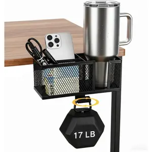 4 in 1 Anti-Spill Metal Clip On Cup Holder, Sturdy Easy Clamp Attachment for Gaming Desk, Table, Chair & Bedside, Fits Up to 40oz Cups Bottles Drinks, Black