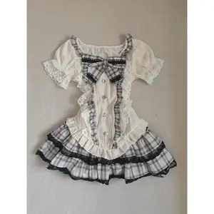 Japanese Sweet Kawaii Women 2 Piece Set Cute Bow Lace Tops +Mini Puffy Skirt New Fashion Harajuku Plaid Preppy Style Outfits