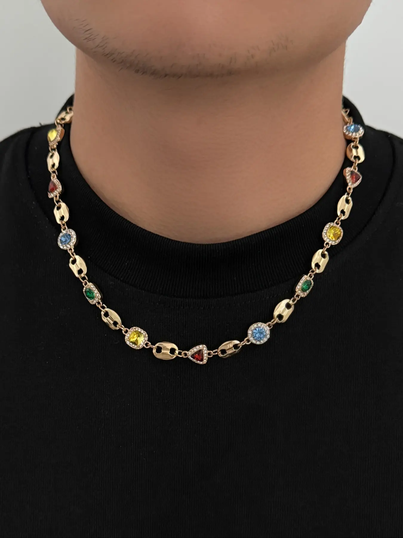 Men's Colorful Gemstone Necklace with Rhinestones, Elegant Rhinestone Necklace, Casual Jewelry for Daily Wear, Party & Holiday Accessories, Trendy Jewelry