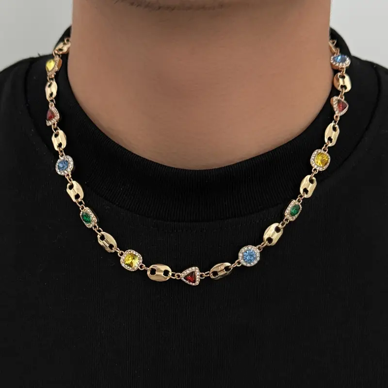 Men's Colorful Gemstone Necklace with Rhinestones, Elegant Rhinestone Necklace, Casual Jewelry for Daily Wear, Party & Holiday Accessories, Trendy Jewelry, Fashion Jewelry Party