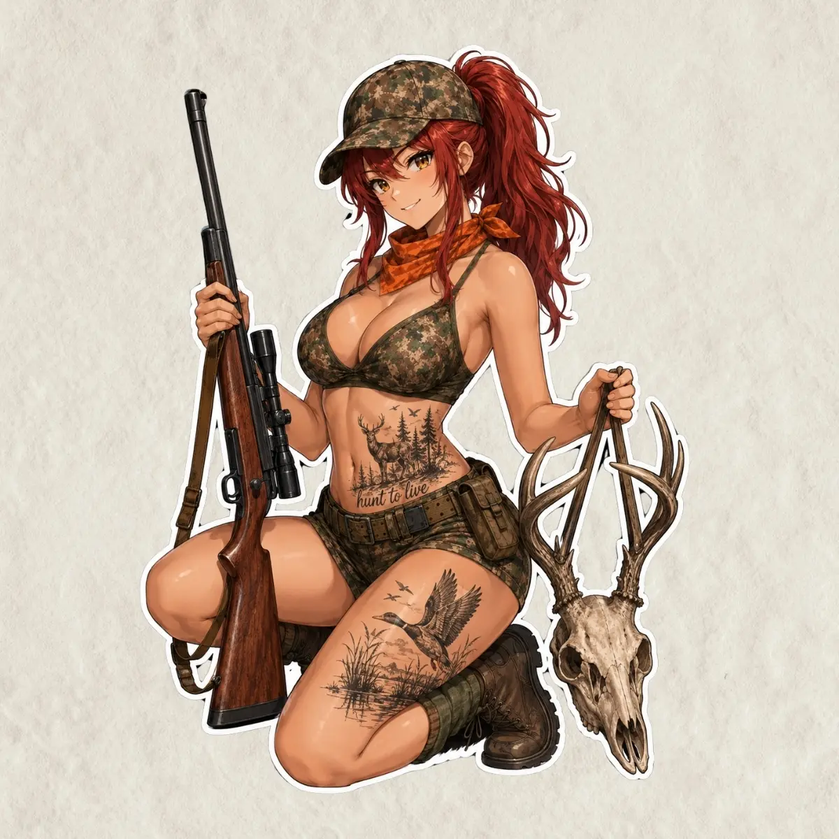 Deer Hunting Anime Girl Sticker, Red Hair Camo Hunter Waifu Vinyl Decals, Waterproof Sticker for Water Bottle, Laptop, Fan Gift