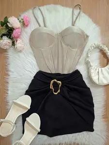 Beige Corset Top & Black Wrap Skirt Two Piece Set, Chic – Satin Bustier Spaghetti Strap Crop Top with Gold Buckle Mini Skirt Set for Women, Old Money Aesthetic, Sleeveless Fitted Party Outfit, Soft Stretchy Fabric, Nightout Going Out Essential for Trend