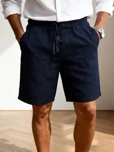 Summer Resort Men's Linen Shorts: Lightweight Breathable & Durable, Resort Wear Essential, Features Beige Fabric, Elastic Drawstring Waist, Side Pockets & Relaxed Fit. Great For Spring-Summer Resort Stays And Casual Beachside Dinners.