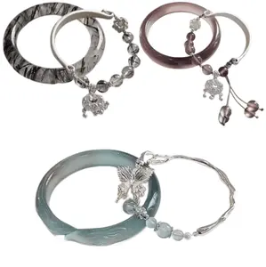 Chinese Style Crystal Bangle & Silver Bracelet Set, Adjustable Beaded Charm Bracelet with Butterfly & Lock Pendant, Elegant Stackable Jewelry for Women
