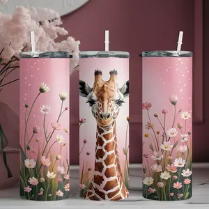 20oz stainless steel water bottle with straw, Giraffe among flowers pattern skinny tumbler, suitable for fitness, travel, driving, and daily use at home. A great gift for family and friends | 1pc