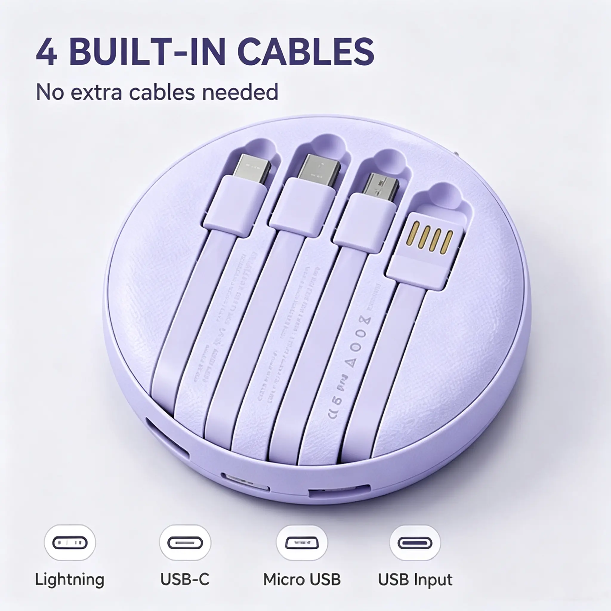 10000mAh Portable Power Bank with 4 Built-in Cables, LED Digital Battery Display, Compact Round Portable Charger with Lightning USB-C Micro USB Ports, Universal Phone Charger for iPhone Android Earbuds Smart Watches Travel Daily Use