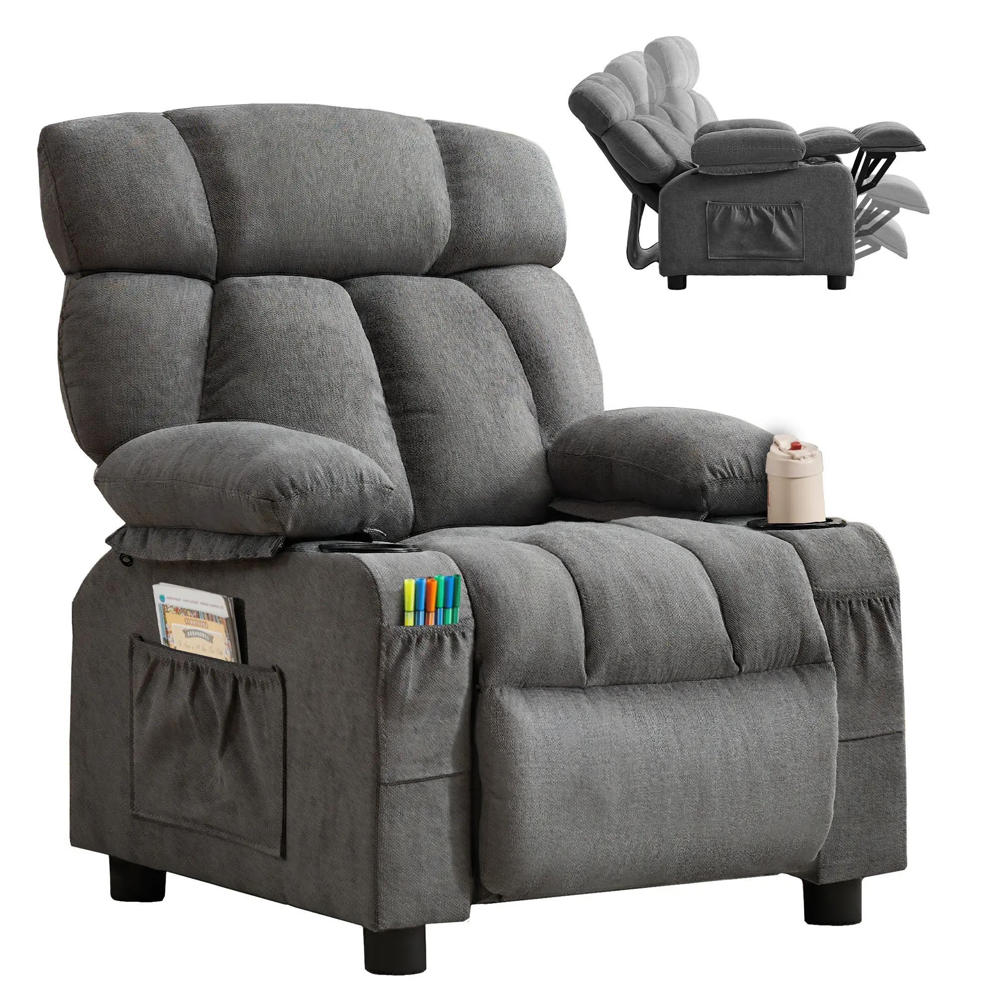 JONPONY Kids Recliner Chair,Push Back Toddler Recliner with Cup Holders & Side Pockets,Adjustable Footrest & Headrest Kids Sofa for Boys Girls 3+ Age Group, Grey