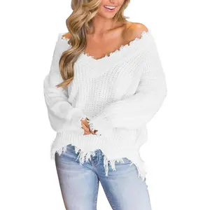 Womens Loose Knitted Off The Shoulder Sweater Solid V Neck Long Sleeve Pullover Ripped Crop Top Clothes Fashion Casual Knitwear