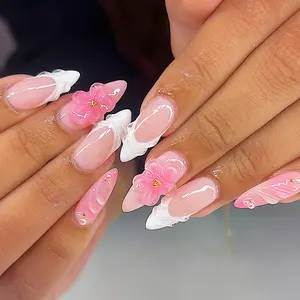 24pcs Almond Press-On Nails, Gel Flowers, Unique Floral Accents with Pearl Gold Beads, Gradient French Manicure, Includes Jelly Glue and File