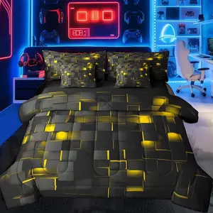 Yellow and Black Bedding Set Kids Light Geometric Comforter Set with Sheets 7 Piece Bed in a Bag forModern Bed Set with Comforter,Sheets,Pillowcases,Cushion Covers