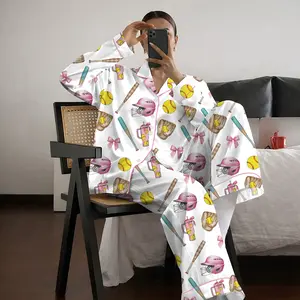 Softball Satin Pajamas Set, Women's White Satin Pajama Set – Softball Print Sleepwear, Sporty Summer Loungewear
