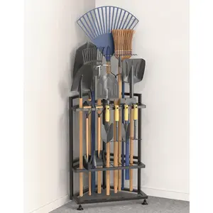 Garden Tool Organizer for Corner,Metal Yard Tool Organizer for Long-Handled Tools/Rakes/Brooms,Side Garden Pocket,Heavy Duty Steel Yard Tool Storage Rack for Garage,Shed, Outdoor