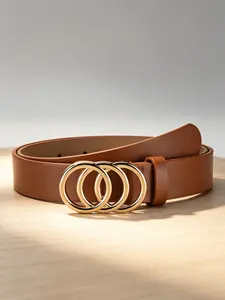 Women's Luxury Alloy Three-Ring Buckle Leather Belt, Simple Vintage Style, Waist Cinch Slimming Belt for Coats and Dresses