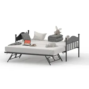 Daybed with Foldable Metal Trundle, Sturdy Bed Frame with Stylish Headboard – 74.6" L x 43" W x 32.2" H – Ideal for Living Room, Bedroom or Guest Room