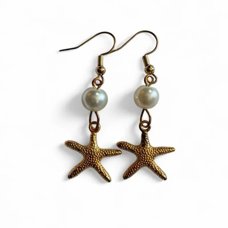 Handmade Gold Starfish & Pearl Dangle Earrings | Chic Coastal Mermaidcore Jewelry