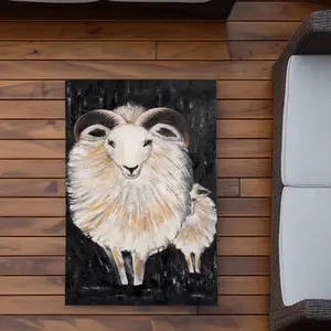 360 Stand 2x3 ft Beige Polyester Chenille Print Area Rug - Fade-Resistant Durable Textile, Ram Animal Art Illustration, Chenille-Style & Animal-Inspired Rugs, Balcony & Living Room Indoor-Outdoor Decor, Chenille-Style Area Rugs, Animal-Inspired Area Rugs