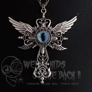 Natural Blue Devil's Eye Pendant Ornament, Creative Devil Wings Cross Necklace Gothic Angel Wings Cross Necklace