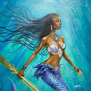 MERMAID QUEEN Artwork Featuring Enchanting Mermaid with Long Black Hair and Detailed Mermaid Tail