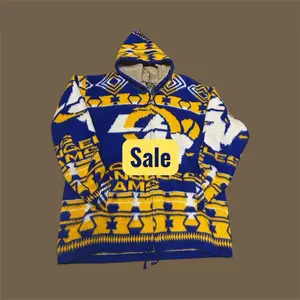 Tela y Tejidos Wool-Blend Knit Sweater Grey & Royal Blue Aztec Design Thick Warm Breathable Layering