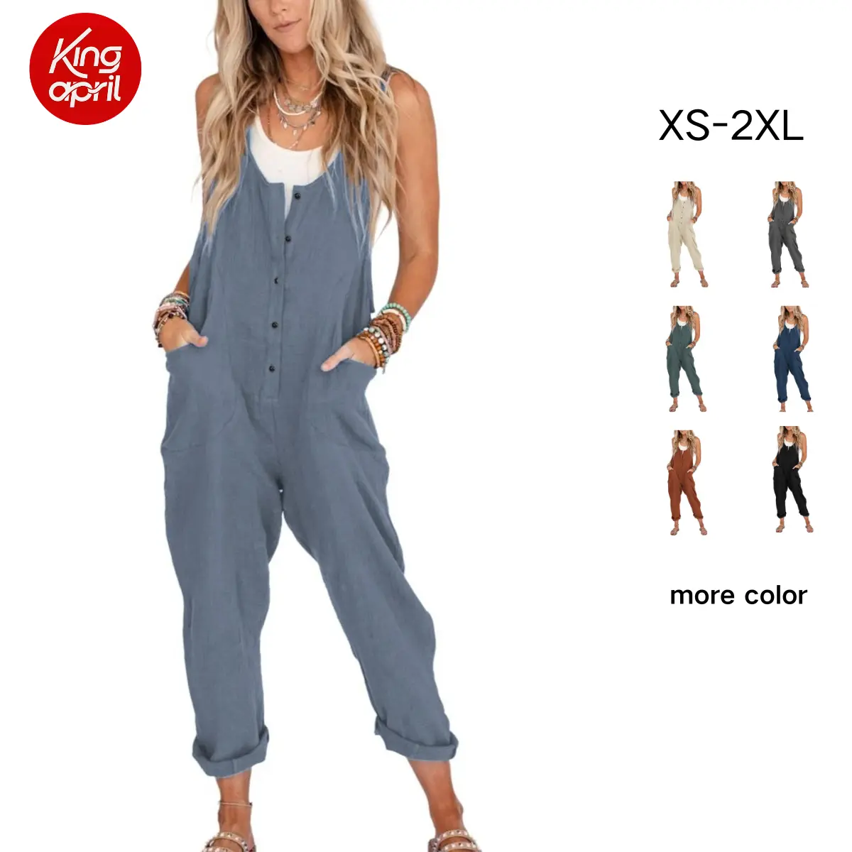 KingApril Summer Vibes Women’s Overalls/Jumpsuits – Linen & Cotton, Loose Casual Style with Pockets