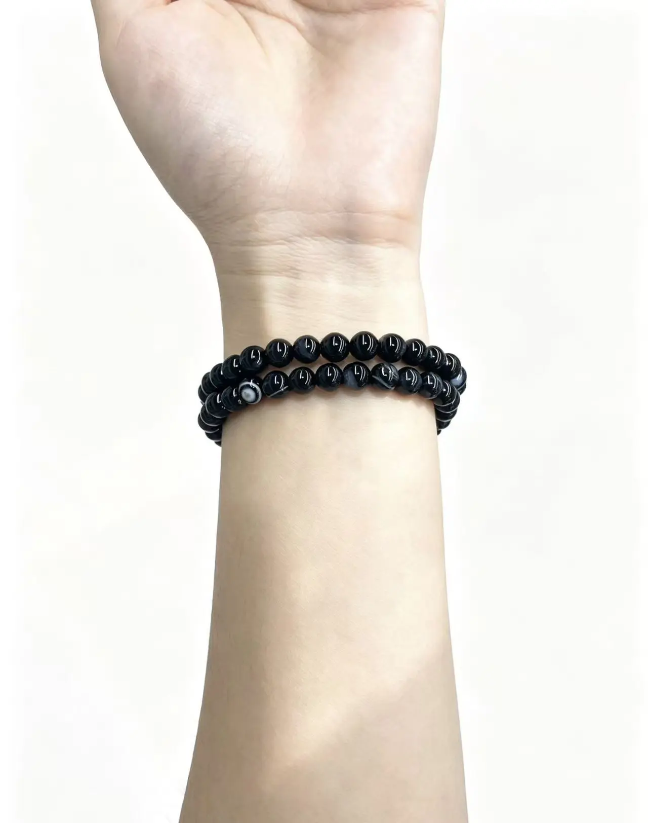 Men's Classic 6mm Round Bead Natural Black Agate Elastic Cord Stretch Bracelet - Handmade Plain Crystal Bracelet, One-Size-Fits-All, Onyx for Mental Clarity, Emotional Stability, Grounding Energy, Daily Wear Gift, Personalized Look