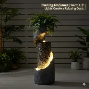 Modern Spiral Water Fountain - 35.5 in H, with Planter, LED Light, Bubbling Design for Outdoor Patio, Indoor Living Room Corner