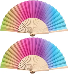 Chuangdi 2 Pieces Folding Hand Fans for Line Dancing Manual Clapping Wooden Wedding Fans Handheld for Women with Drawstring Organza Bags Back to School Gift Party Supply (Rainbow,2 Pcs)