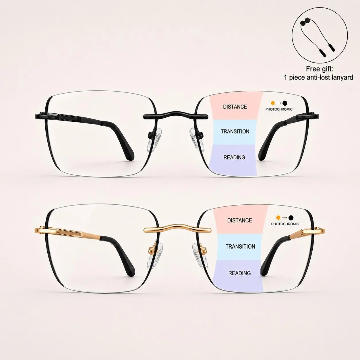 Progressive Photochromic Reading Glasses for Men & Women, Multifocal Light-Adaptive Readers for Near & Far Vision, Lightweight Rimless Eyeglasses