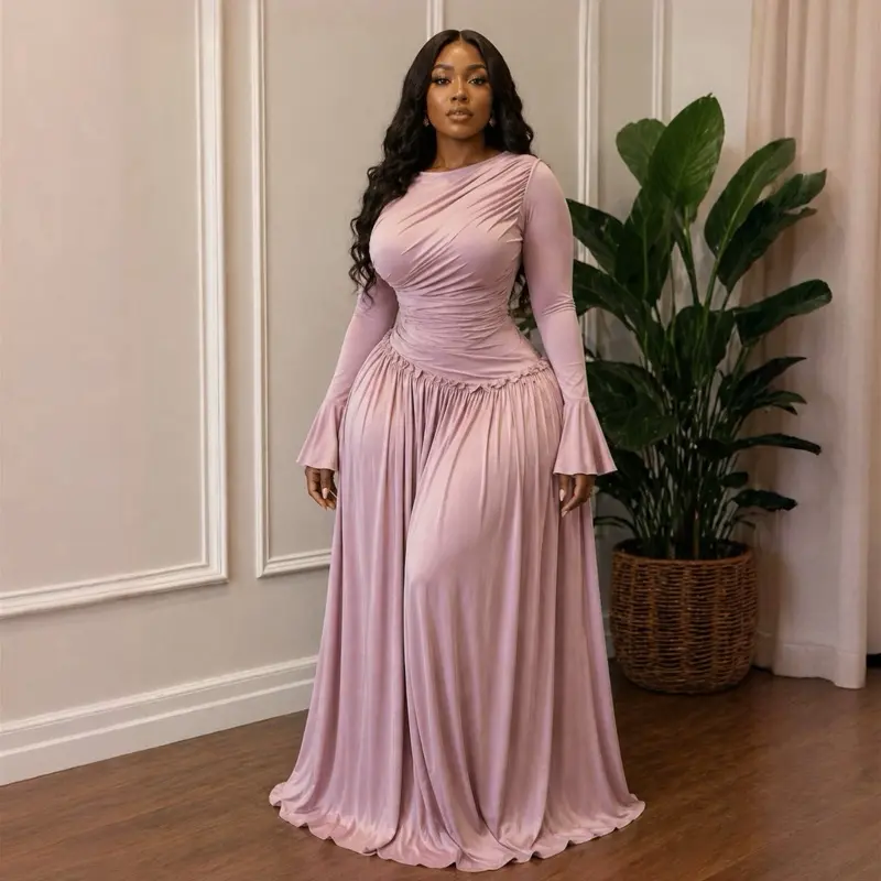 Women's Blush Pink Evening Gown, Elegant Party Dress with Long Flared Cuff Sleeves, Ruched Bodice and Back Zipper for Going Out, Fabric, Stretchy, Lady, Fitted, Party Fit, Floor Length, Round Neck, Snatched Waist, Soft Gathers, Fit & Flare, Full Length Pa