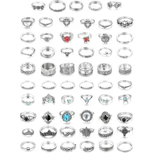FINREZIO 66 Pcs Silvery Vintage Knuckle Ring Set for Women Men Colorful Zirconia Opal Stackable Rings Set Versatile Diverse Style Thumb Rings for Many Occasions