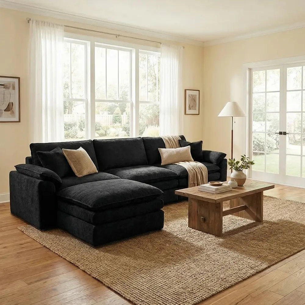Large sized modern leisure combination living room sofa, detachable sofa set with boneless design and footstool pillow, comfortable deep seat, no assembly required, available in multiple colors