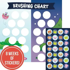 Kids Toothbrushing Chart 8 Weeks of Stickers with Fun Animal Designs for Kids' Oral Hygiene Tracking