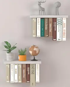 Floating Book Shelves for Wall Mounted Set of 2, Unique Space Saving Book Shelf Wall Holder, White Color, Ideal for Book Display