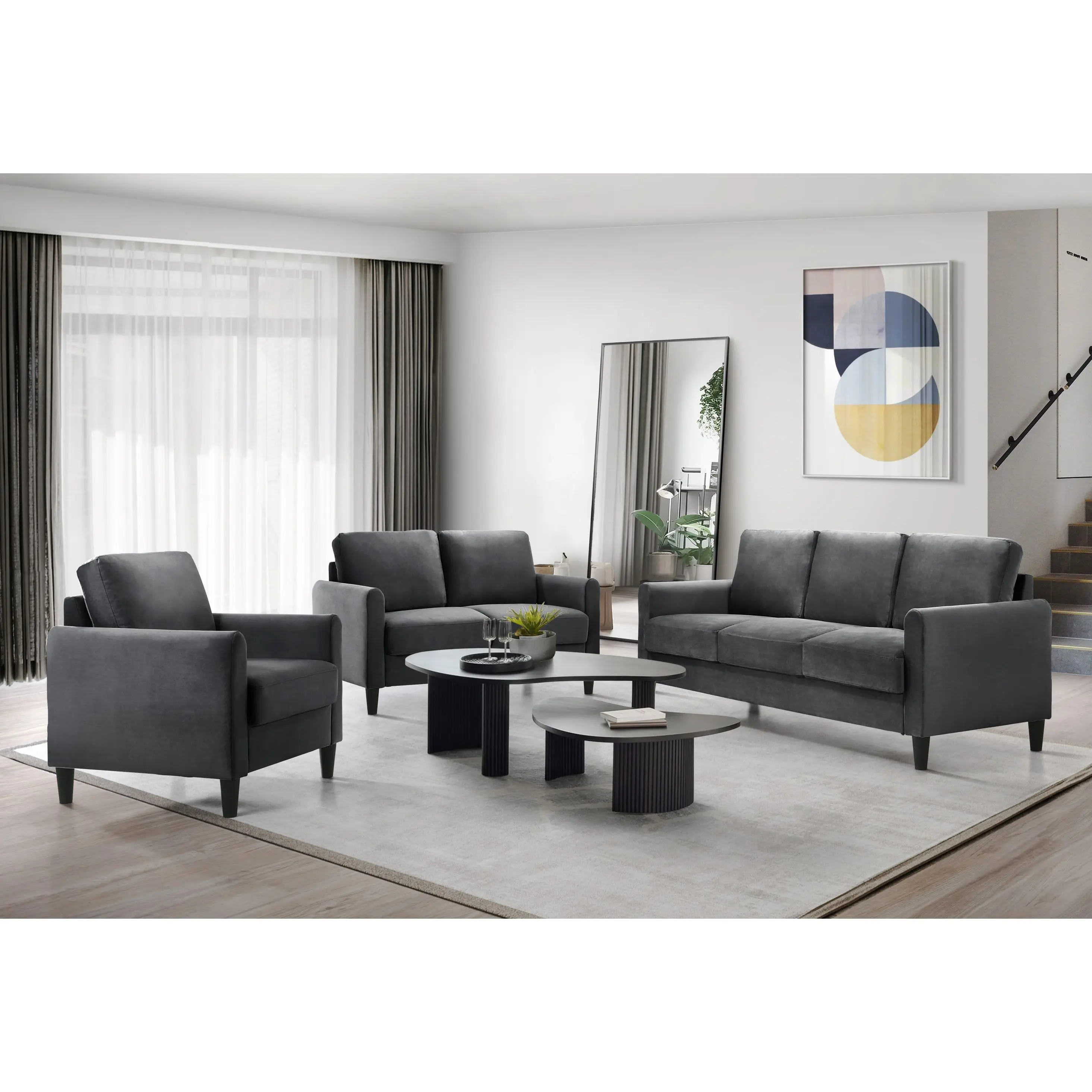 Favorer Airell Velvet Modern Upholstered Indoor Furniture Set - Living Room Couch, Lounge Chair, Loveseat Sofa, Furniture Living Room Comfy Seating