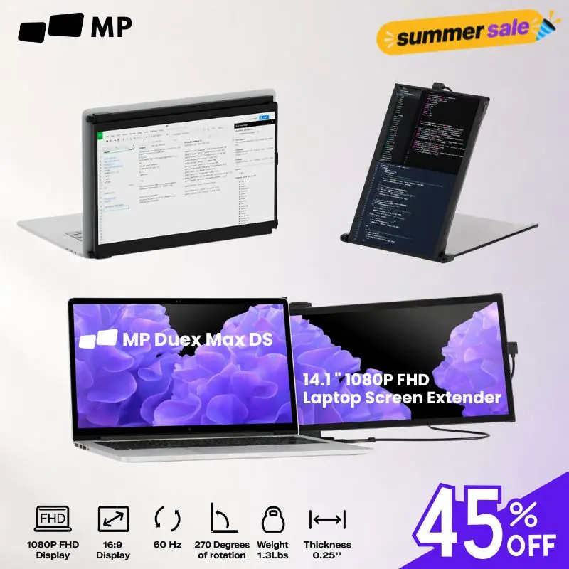 Mobile Pixels Duex Max DS 14.1'' FHD 1080P Laptop Screen Extender, 1.8lbs Ultra-Slim Portable Monitor for 14"-17.3" Laptop, Plug & Play Travel Dual Screen Compatible with mac/Windows/Apple/Android/Switch