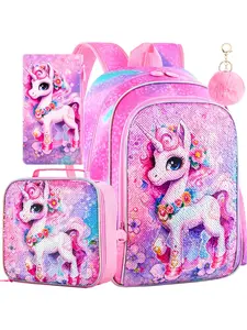 3PCS Unicorn Backpack, 16" Sequin Kids Bookbag for Girls and Lunch Box, Preschool Backpacks for Elementary Students - Unicorn Pink
