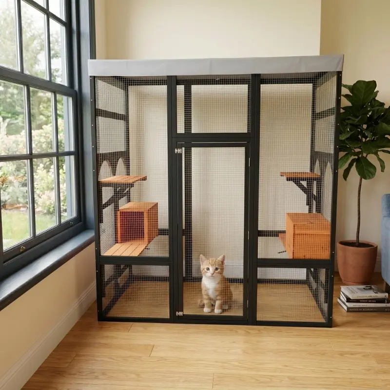 Outdoor-Indoor Catio Enclosure for Cats - Metal Mesh, Metal Frame, 5 Platforms, 2 Napping Houses, Waterproof, Secure Construction, Easy Assembly, Climbing Play Space, All-Season Use, Spacious