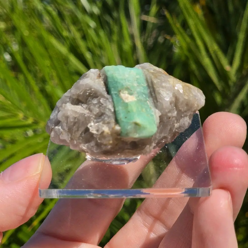 ​Natural Rough Emerald Crystal in Quartz Matrix – Mounted Display Specimen