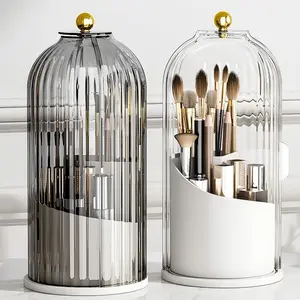 Makeup Brush Holder Organizer 360 Rotating Beauty Brushes Storage, Makeup Brush Holder with Lid, Waterproof Dustproof Beauty Brushes Storage for Vanity (Transparent) Boxes Grey-Transparent