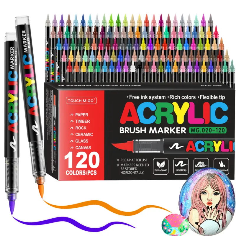 Acrylic Paint Markers Set,Automatic Ink Control Soft Brush Tip Acrylic Paint Pens for Wood Rock Glass Canvas Stone Fabric Glass Metal Ceramic Canvas DIY Crafts Art Supplies,Back to School,Halloween,Christmas Gift, Art Materials