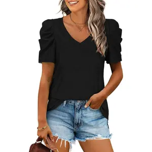 Womens Summer Shirt V Neck Casual Tshirts Puff Sleeve Tops for Women Solid Color XS-3XL