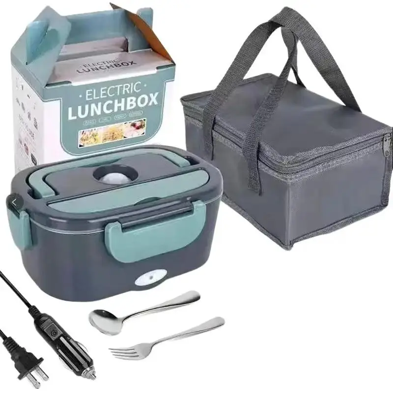 Portable Electric Lunch Box Food Heater 60W - Self-Heating Lunch Box with Car Plug Adaptor Insulated Bag & Utensils - Green Heated Lunch Box