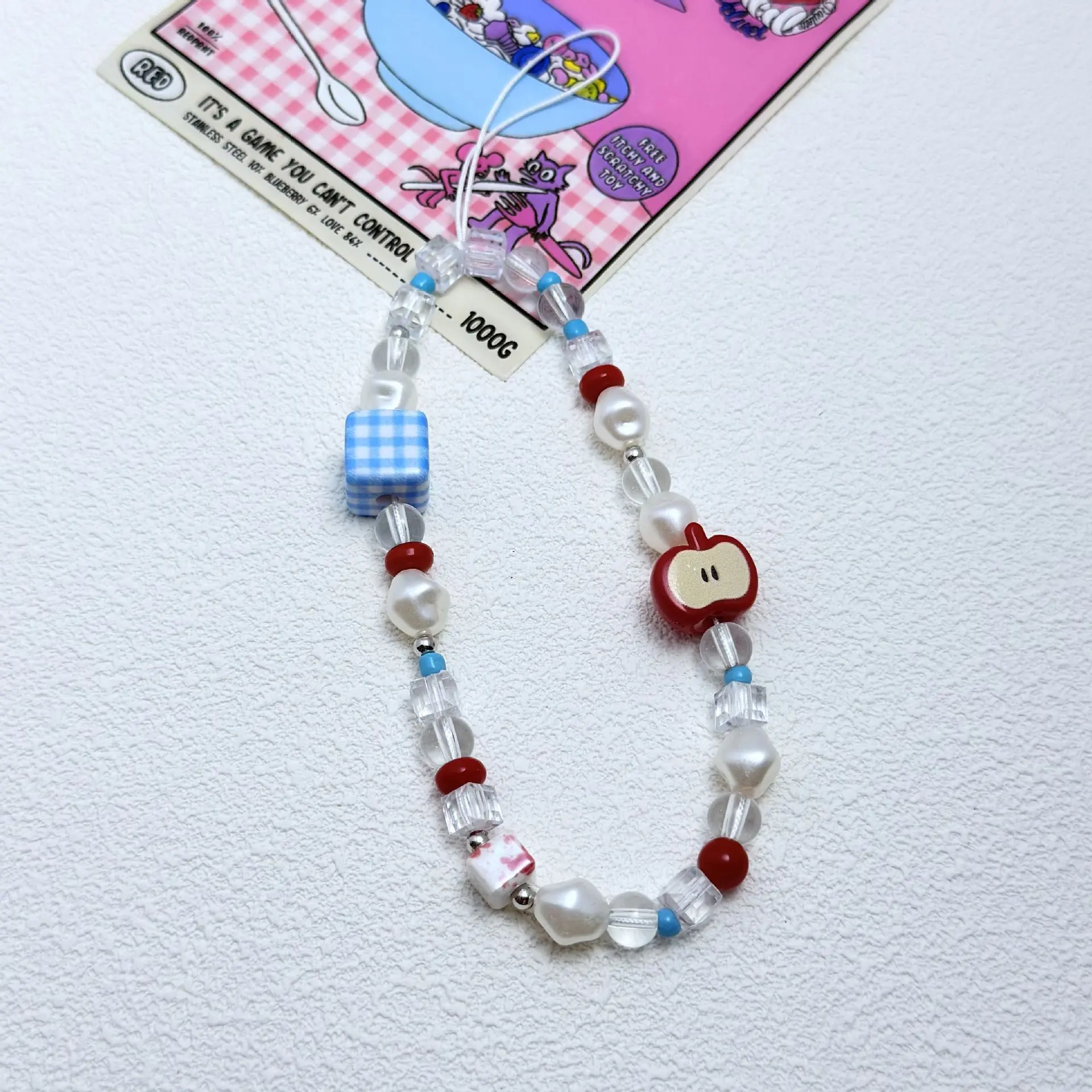Handmade Bead Blue Checkered Mobile Phone Lanyard Red Apple Phone Case Universal Wrist Rope Lanyard Chain Cute Niche Pendant