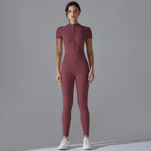 Soft Fabric Moisture-Wicking Quick-drying breathable Zipper short-sleeved Solid-Color High-Stretch Short-Sleeve Bodysuit Athletic Fitness Running Jumpsuit (9/10 Length) Yoga Wear tight gym workout Apparel for women