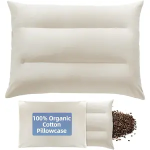 Buckwheat Pillow with   Pillowcase - 20''x26''  Buckwheat Pillow with Baffle Box for Support, Adjustable Tartary Buckwheat Hull Pillows,  Buckwheat  Pillows