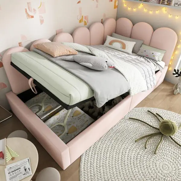 L-Shaped Velvet Upholstered Hydraulic Storage Daybed, Small Space-Friendly Sofa Bed with Under-Bed Storage and Anti-Slip Stoppers, Hydraulic Storage Bed