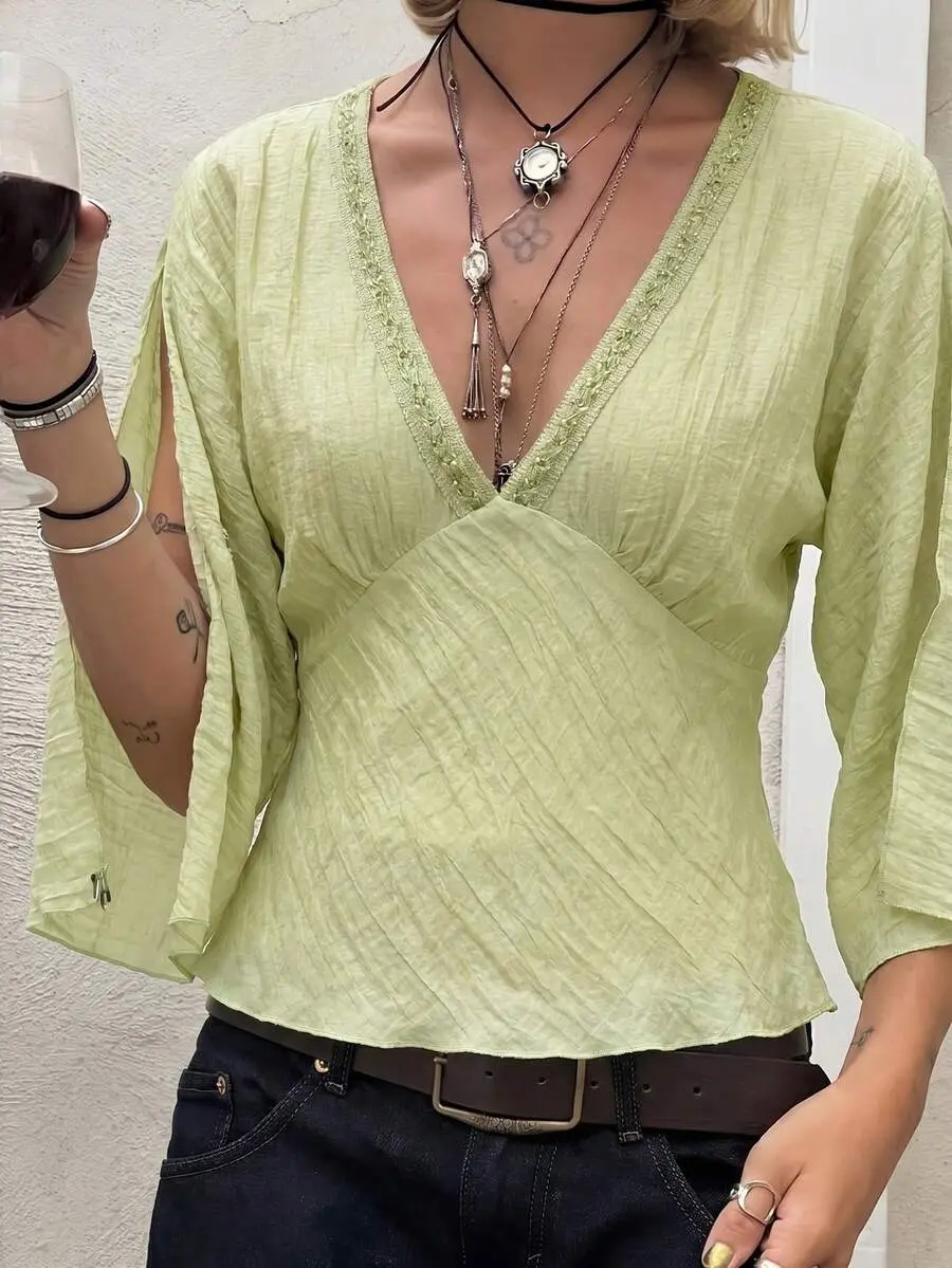 Easelle Bohemian V-Neck Cinched Waist Embroidered Split Sleeve Comfortable & Skin-Friendly Women Blouse,Summer Top