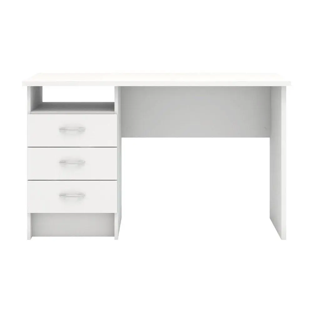 Sleek White Computer Desk with Three Drawers and Open Shelf for Storage