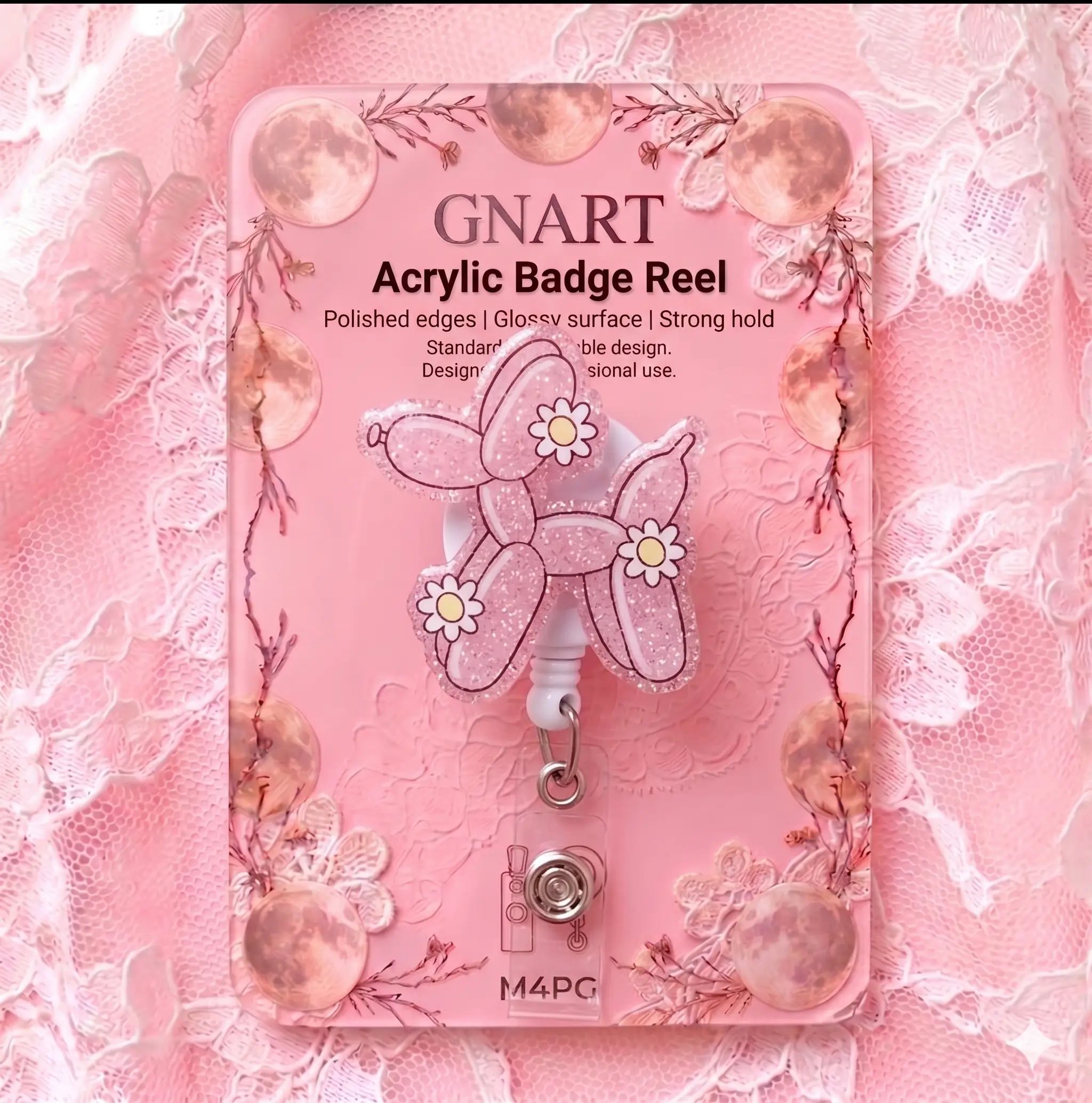Pink Glitter Balloon Animal Badge Reel Retractable, Cute Daisy Flower ID Holder Belt Clip, Pastel Coquette Scrub Accessories Gift for Nursing Student Tech